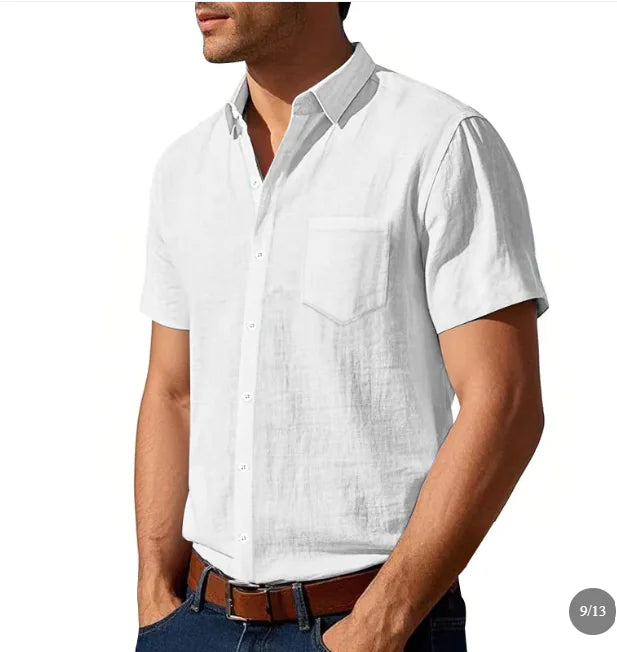 Men's Solid Colour Linen Short Sleeve Shirt