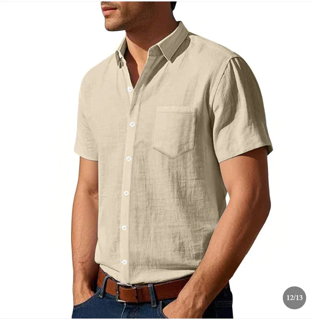 Men's Solid Colour Linen Short Sleeve Shirt