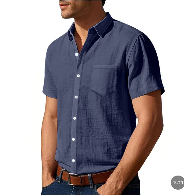 Men's Solid Colour Linen Short Sleeve Shirt