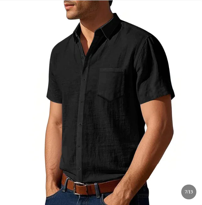 Men's Solid Colour Linen Short Sleeve Shirt