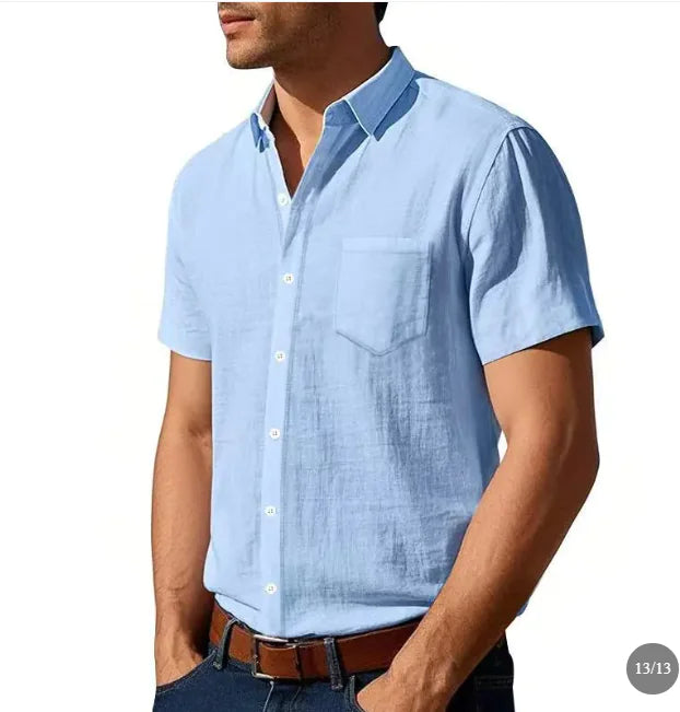 Men's Solid Colour Linen Short Sleeve Shirt