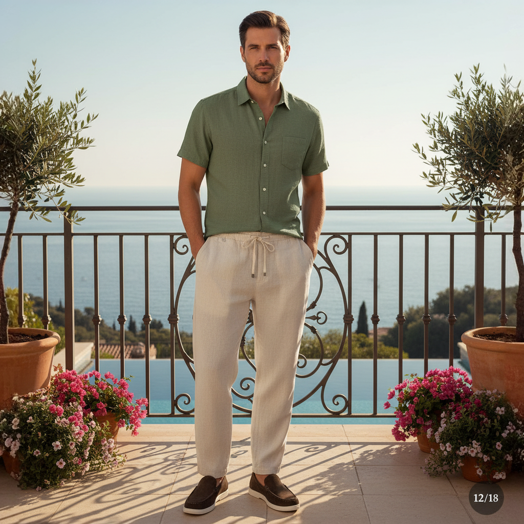 Men's Solid Colour Linen Short Sleeve Shirt